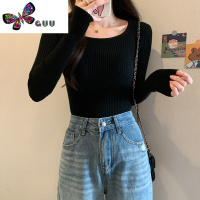 语娄方领针织打底衫女穿搭高级感修身黑色毛衣内搭长袖法式上衣潮