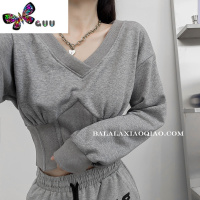 语娄欧美式鱼骨收腰V领卫衣女辣妹短款修身显瘦运动束腰爵士上衣