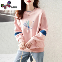 语娄圆领套头假两件卫衣女士短款小个子宽松2023新款长袖大码上衣