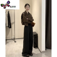 语娄棕色pu皮衣外套女2023新款宽松港风小个子短款夹克机车服上衣