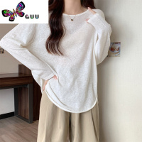 语娄白色竹节棉长袖t恤女2023新款宽松显瘦圆领内搭薄款打底衫