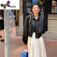 语娄黑色短款pu皮衣外套女夹克2023新款港风设计感美式复古小个子