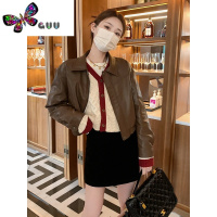 语娄美式复古棕色皮衣外套女2023新款小个子休闲机车服短款夹克女