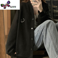 语娄卫衣开衫外套女2023新款韩版休闲学院风黑色笑脸宽松减龄上衣