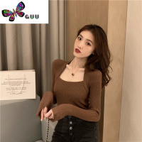 语娄针织打底衫女冬内搭洋气假两件心机锁骨方领长袖上衣加绒毛衣