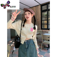 语娄甜辣妹灰色短针织小开衫t恤女2023新款薄外套长袖外搭上衣