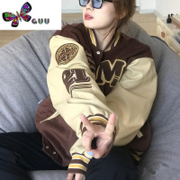 语娄美式街头夹棉服棒球服外套女棉衣夹克男宽松咖色PU皮情侣 ins