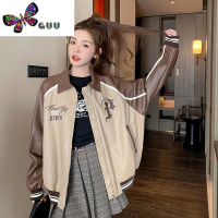 语娄美式复古皮衣外套女冬2023年新款撞色学院风小个子棒球服夹克