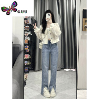 语娄彩虹点点毛绒短外套春季甜辣风米色V领针织开衫毛衣修身短上衣女