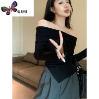语娄韩版复古设计感不规则薄款针织衫女秋装修身显瘦套头一字肩上衣潮