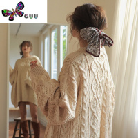 语娄白色中长款麻花毛衣女宽松外穿慵懒风套头加厚毛线衣百搭外套