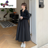 语娄法式假两件黑色长袖连衣裙女秋季2023新款赫本风休闲卫衣拼接长裙