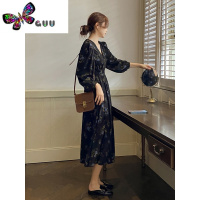 语娄法式收腰雪纺V领长袖连衣裙2023新款女早秋装高级感黑色碎花裙子