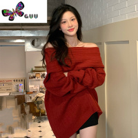 语娄新年红色圣诞中长款一字肩毛衣女兔年本命年慵懒风露肩针织衫