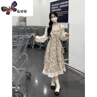 语娄奶甜系温柔风假两件连衣裙女夏季2023新款中长款碎花长袖茶歇裙子