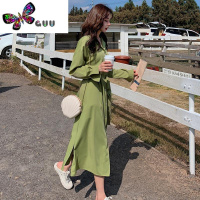 语娄牛油果绿法式衬衫长袖连衣裙女2023早秋新款宽松打底中长裙子风衣