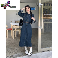 语娄牛仔蓝色收腰显瘦长袖连衣裙2023秋季女士新款复古气质中长款裙子