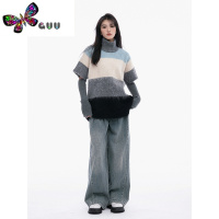 语娄辣妹慵懒风宽松复古条纹高领针织袖套毛衣女冬毛绒上衣