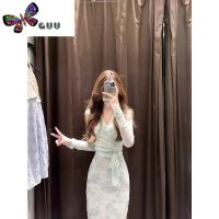 语娄法式绿色v领碎花网纱长袖连衣裙女早秋高级感修身显瘦气质长裙子