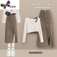 语娄茶歇法式长袖连衣裙秋装女高级感穿搭小个子洋气减龄牛仔裙子套装