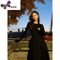 语娄pusumede 高级感气质长袖连衣裙女收腰显瘦赫本风拼接气质长裙子