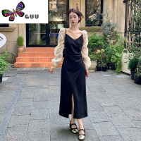 语娄妃儿连衣裙女新款法式长袖褶皱V领气质收腰黑色蕾丝拼接开叉