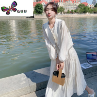 语娄法式白色小香风长袖初秋连衣裙女马甲两件套2023新款减龄套装