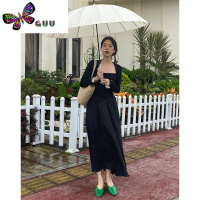 语娄港味复古方领黑色长袖连衣裙女春季设计感拼接收腰显瘦休闲长裙子