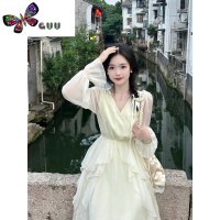 语娄一罐杏仁桃2023年新款奶白色初女裙温柔风v领显瘦连衣裙