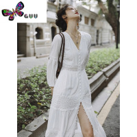 语娄大码胖mm2023重工民族风白色V领连衣裙温柔超仙蕾丝拼接长裙