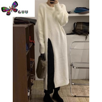 语娄慵懒风圆领套头毛衣裙子女宽松过膝中长款侧边开叉针织连衣裙