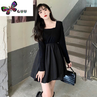 语娄秋季赫本风长袖黑色连衣裙小众茶歇法式初恋蓬蓬裙方领显瘦超短裙