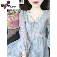 语娄法式蓝色碎花氛围感长袖连衣裙女高级垂坠感气质清纯温柔长裙