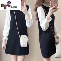 语娄2023薄款宽松显瘦胖mm长袖打底内搭连衣裙女假两件韩版A字裙