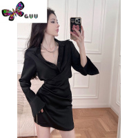 语娄法式甜辣妹黑色v领缎面衬衫连衣裙女气质高级性感包臀裙子