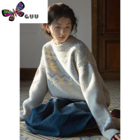 语娄法式复古宽松慵懒提花费尔岛毛衣女秋季新款仿浣熊绒针织衫上衣厚