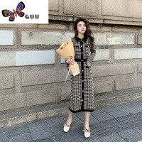 语娄千鸟格针织小香风连衣裙女2023法式长袖高级感气质名媛打底裙