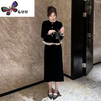 语娄赫本金丝绒小黑裙秋季高腰显瘦花边假两件拼接中长款气质连衣裙女