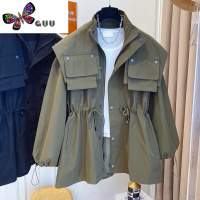 语娄工装风衣外套女2023新款休闲军绿色收腰夹克小个子短大衣冬