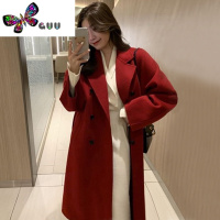 语娄酒红色绒质感毛呢外套女2023年胖MM大码婚礼服加厚呢子大衣