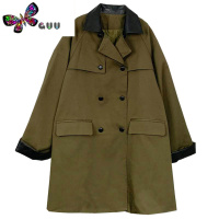 语娄军绿色风衣2023秋季新款韩版拼皮外套经典双排扣宽松中长款大衣女