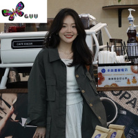 语娄轻薄款~入秋宽松复古军绿色工装风衣外套夹克女中长款150小个子