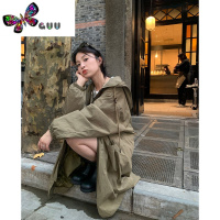 语娄 韩系工装风衣外套女小个子中长款宽松连帽长外套2023秋装