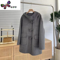 语娄2023新款长毛加厚连帽牛角扣双面绒大衣气质韩版呢子外套女