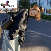 语娄黑色棒球服女短外套新款小众设计感小个子浮雕压花休闲夹克