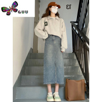 语娄复古蓝开叉牛仔半身裙女高腰夏季大码胖mm遮肚显瘦中长款a字裙子