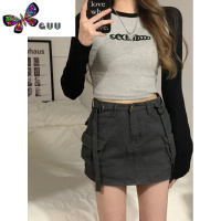 语娄拽辣学妹短款正肩t恤2023春季插肩袖字母刺绣修身内搭打底上衣女