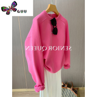 语娄玫红色无帽卫衣女薄款毛圈设计感小众慵懒风宽松长袖打底上衣