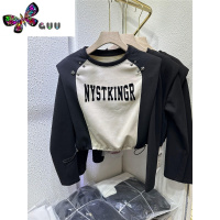 语娄2023秋季新款字母印花拼色垫肩长袖T恤女设计感小众铆钉上衣