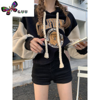 语娄美式复古拼色长袖连帽卫衣女秋季2023新款设计感抽绳宽松短款上衣